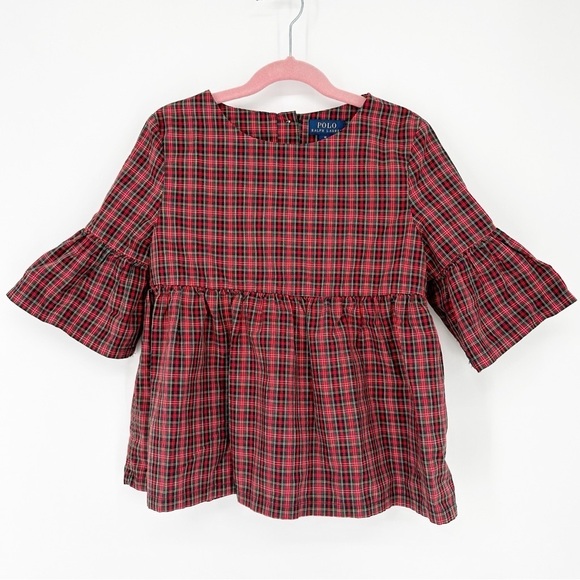 Polo Ralph Lauren Girls' Size 10 Bell-Sleeve Red Plaid Top Blouse - Picture 1 of 7